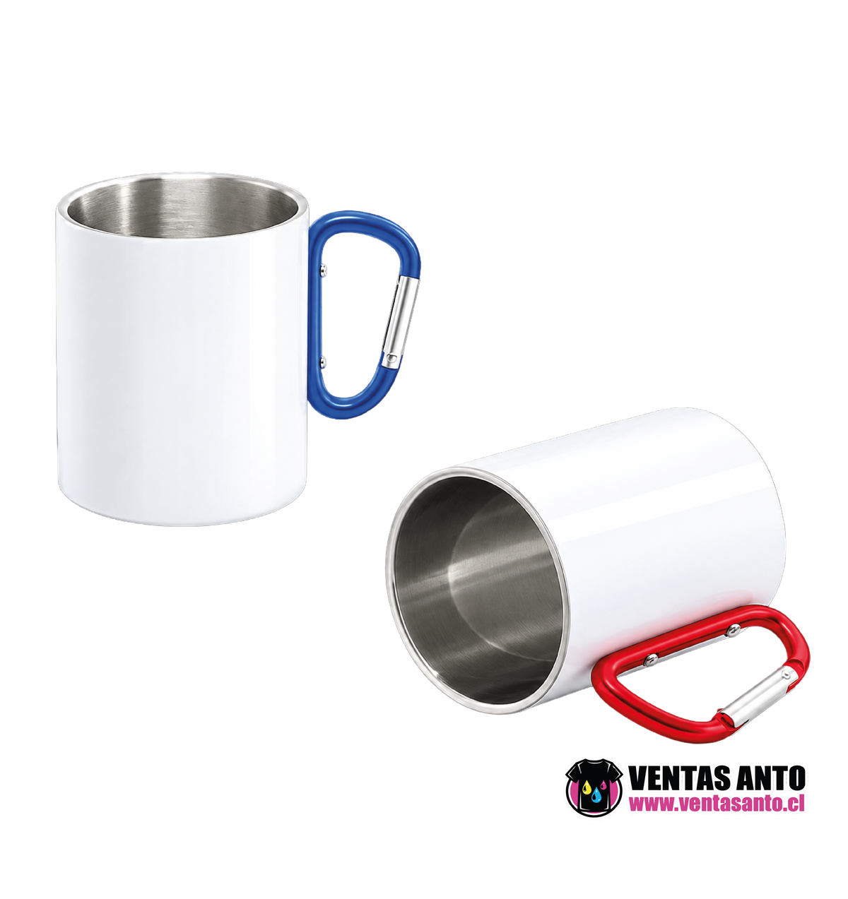 Tazón Blanco con Mosquetón Rojo/Azul Acero Inox 300ml Sublimable